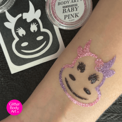 meggy moo cow glitter tattoo for kids parties