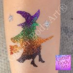 halloween witch on a broom glitter tattoo stencil, halloween temporary tattoos for kids