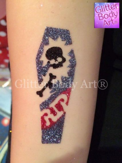 RIP, skelenton in a coffin temporary tattoo, halloween glitter tattoo